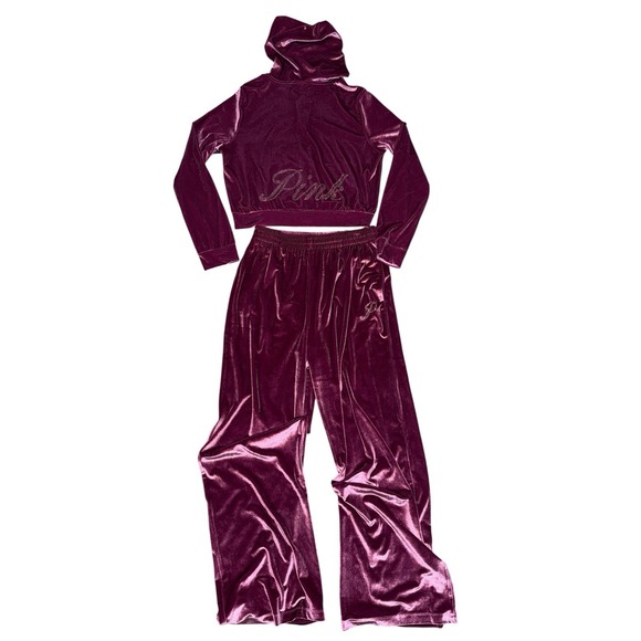 Victoria's Secret PINK Pants - Victoria‎ Secret PINK Velour Shine Logo Full-Zip Crop Hoodie Wide Leg Pants Sz M